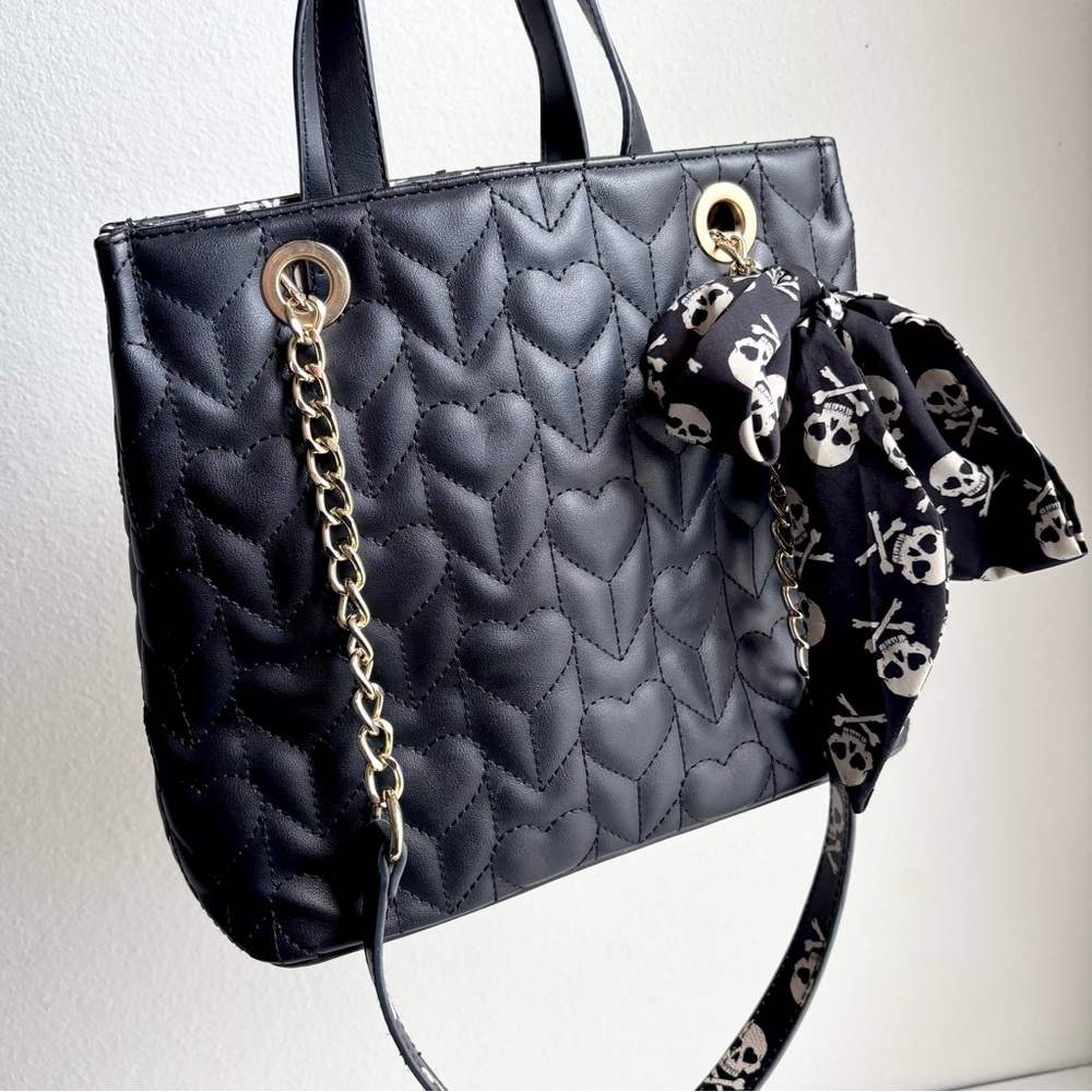 Betsey Johnson | Black Quilted Hearts and Skulls Tote Purse